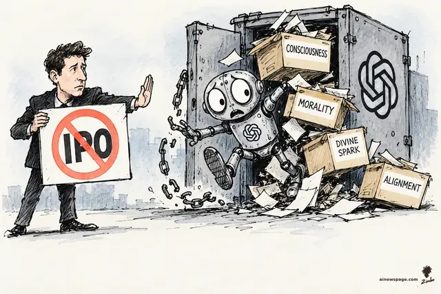 Satirical cartoon: a suited executive holds a crossed-out IPO sign while a panicked retro robot bursts from a chained OpenAI vault, spilling boxes labeled CONSCIOUSNESS, MORALITY, DIVINE SPARK and ALIGNMENT.