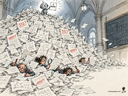 Satirical cartoon: Merv the anxious robot stands atop a towering mountain of proof papers in a university hall holding a slip reading '1 PROMPT', while mathematicians buried beneath examine pages with magnifying glasses, red pens and stamps; pages marked '372?' and 'VERIFY'.