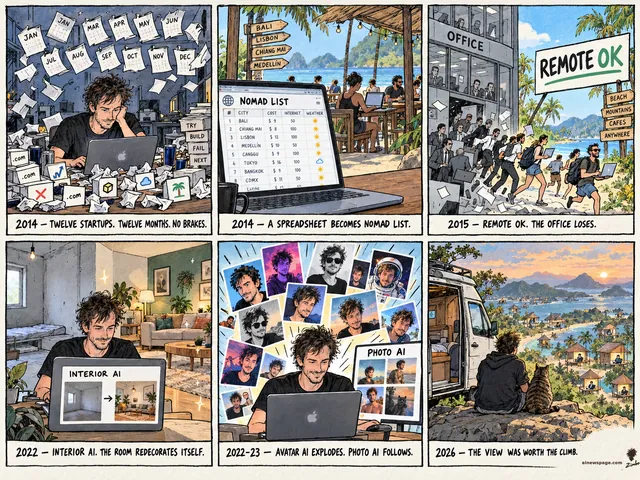 Six-panel strip: Pieter Levels does twelve startups in twelve months (2014), turns a spreadsheet into Nomad List, bets remote with Remote OK, duct-tapes AI into Interior AI, Photo AI (2022-23), then a mountain lookout with a tabby cat over solo builders' huts. 2026: THE VIEW WAS WORTH THE CLIMB.