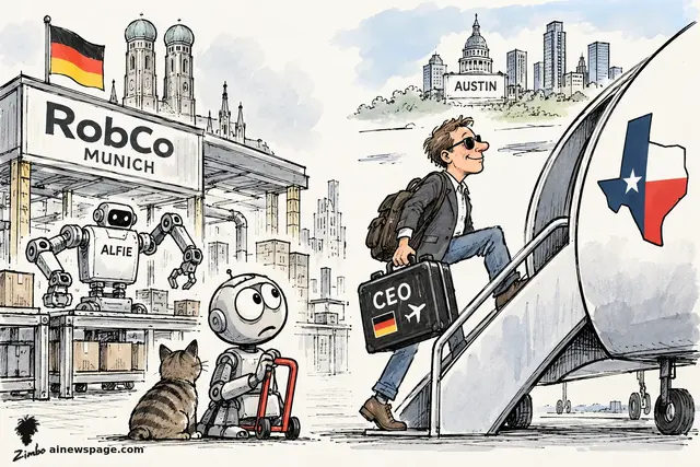 Satirical cartoon: a smug CEO with a 'CEO' suitcase boards a Texas-flagged jet toward the Austin skyline while the worried robot Merv and Issue the tabby cat watch from the RobCo Munich factory beside the new Alfie industrial robot.