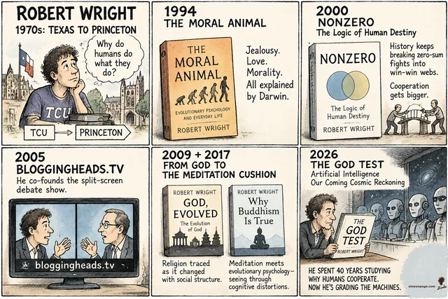 Six-panel Robert Wright strip: 1970s TCU-to-Princeton; 1994 The Moral Animal; 2000 Nonzero; 2005 Bloggingheads.tv; 2009+2017 The Evolution of God and Why Buddhism Is True; 2026 The God Test — Wright grading robot AIs. Kicker: 40 YEARS STUDYING WHY HUMANS COOPERATE. NOW HE'S GRADING THE MACHINES.