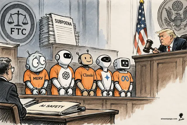 Satirical cartoon: five AI robots (Merv, OpenAI, Claude, Gemini, Meta) in orange prison jumpsuits and handcuffs stand in a courtroom dock before a gavel-wielding Trump judge, beside an FTC seal, a stack of SUBPOENA documents, and an AI SAFETY folder.
