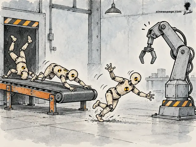 Ink-and-wash cartoon: a motionless industrial robot arm watches a conveyor belt deliver floppy human crash-test dummies — one tumbles headfirst, one trips mid-stride, one flails toward the robot.