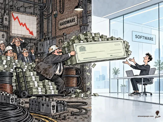 Satirical cartoon: a hard-hatted hardware-factory executive shoves a giant cash-built check into a sleek SOFTWARE office where a young developer receives it, while colleagues watch a falling red stock chart.