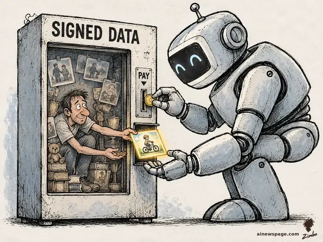 Ink-and-wash cartoon: a giant robot inserts a gold coin into a shabby SIGNED DATA vending machine while the tiny man inside hands out a glowing childhood photo and takes the coin.