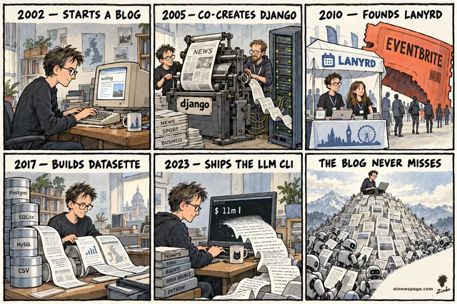 Six-panel strip: Simon Willison blogs at a 2002 CRT; a django-labeled press feeds a server rack (2005); a Lanyrd tent dwarfed by an Eventbrite ticket (2010); database barrels unrolled into pages for Datasette (2017); "$ llm" at a terminal (2023); kicker: THE BLOG NEVER MISSES.