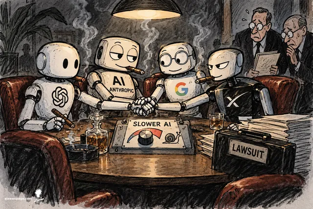 Satirical cartoon: four rival robot CEOs (OpenAI, Anthropic, Google, X) in a smoke-filled room shake hands over a 'SLOWER AI' dial with a snail on it, cigars in hand, while two sweating lawyers clutch a 'LAWSUIT' briefcase.