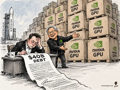 Satirical cartoon: a worried Elon Musk signs a giant scroll reading '$40B DEBT' at a desk with an X mug, while a gleeful Jensen Huang in an Nvidia jacket presents a mountain of crates labeled 'NVIDIA GPU,' with a SpaceX rocket on the launch pad behind them.