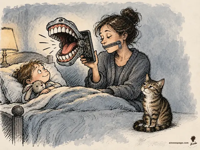 Satirical cartoon: a zipped-mouth mother holds a phone sprouting a giant mechanical jaw that barks the bedtime story at a smiling child, while a knowing tabby cat watches.