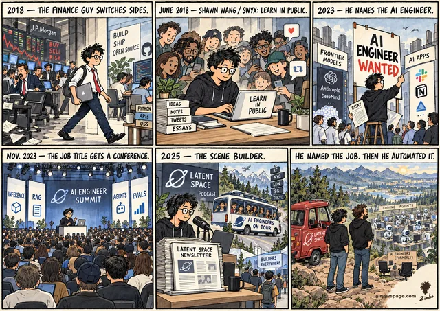 Six-panel strip: Shawn Wang leaves finance (2018), writes LEARN IN PUBLIC as developers gather, pins up an AI ENGINEER WANTED poster (2023), keynotes the AI Engineer Summit, runs the Latent Space podcast — lookout finale: coding agents at every desk. HE NAMED THE JOB. THEN HE AUTOMATED IT.