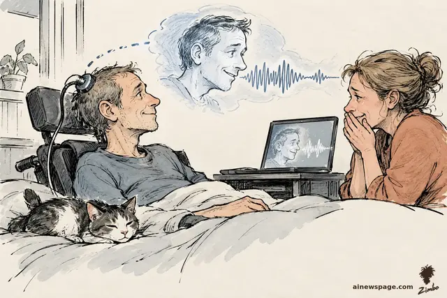 Ink-and-wash cartoon: a man with a brain implant reclines in bed while a thought-bubble of his smiling face sends a sound waveform to a bedside laptop; his wife weeps with joy and a cat naps on the blanket.