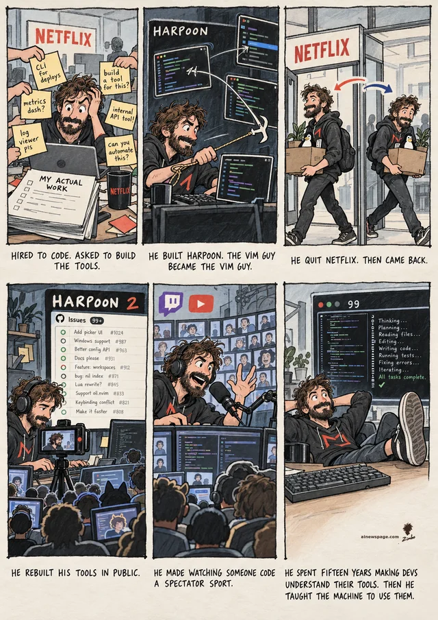 Six-panel ThePrimeagen strip. 2012: Netflix engineer swamped with tool requests. 2020: builds Harpoon — the vim guy becomes THE vim guy. 2022: quits Netflix, returns with the same box. 2023: Harpoon 2 rebuilt on a livestream. 2024: code as spectator sport. Kicker: feet up while his 99 agent types.