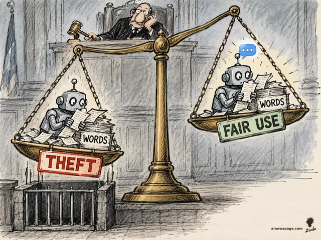 Satirical cartoon: two identical robots absorbing stacks of WORDS are weighed on a giant courthouse scale — one pan stamped THEFT above a tiny jail cell, the other labeled FAIR USE — while a bored judge looks on.