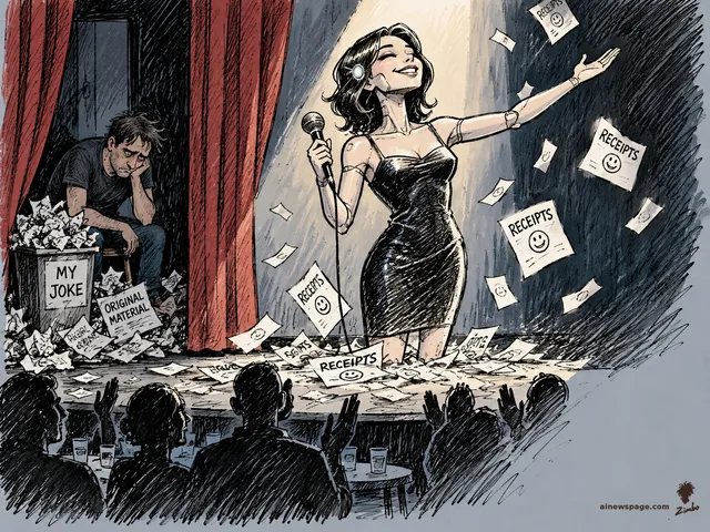 Satirical cartoon: a glamorous AI comedian takes a bow on a comedy-club stage as papers stamped RECEIPTS rain down; behind the curtain a weary human comedian slumps beside a bin of crumpled pages, one reading ORIGINAL MATERIAL.