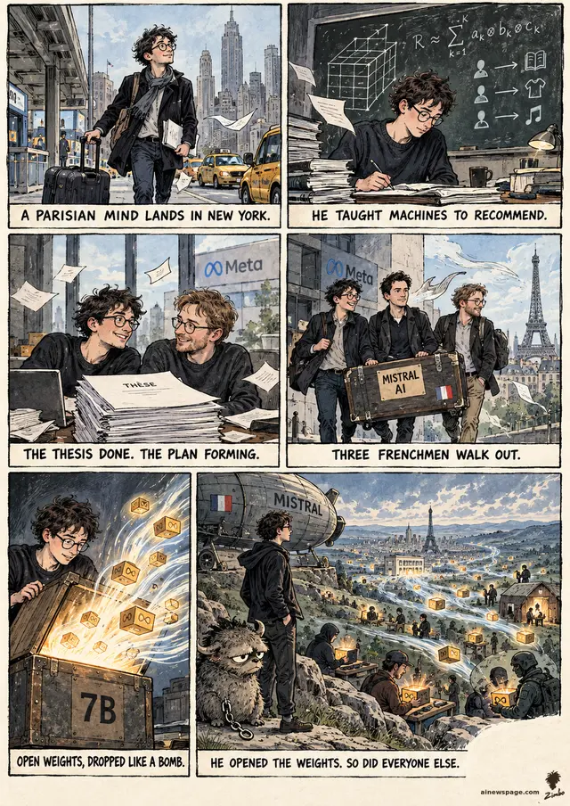Sunday strip: Timothee Lacroix, THE WIND NOBODY OWNS — 2015 ENS grad at NY airport; 2016 tensor-factorization thesis; 2019 teams with Lample; 2023 three Frenchmen leave Meta with a MISTRAL trunk; open weights erupt; finale: Lacroix + Shelf at a lookout as boxes blow into tents, garages, a bunker.