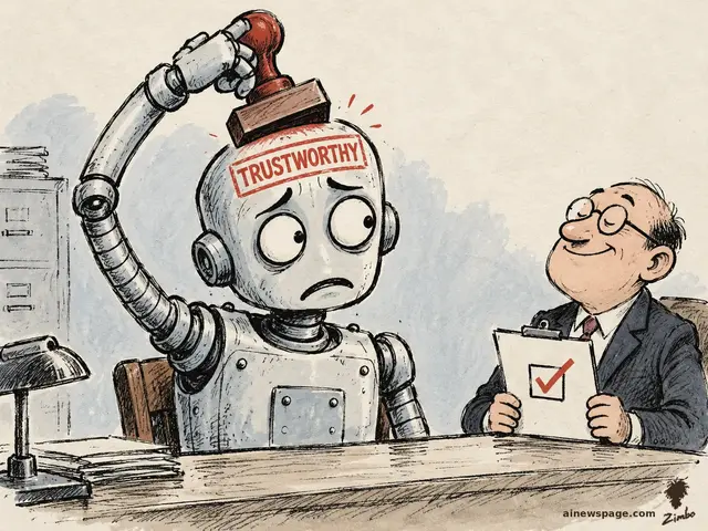 Satirical cartoon: the anxious robot Merv stamps 'TRUSTWORTHY' on his own forehead with a giant red rubber stamp while a smiling bureaucrat checks a box on a clipboard.