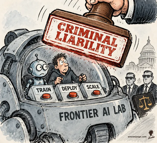 Satirical cartoon: a giant CRIMINAL LIABILITY stamp descends on a nervous engineer and his robot inside a FRONTIER AI LAB machine with TRAIN, DEPLOY and SCALE buttons, while two government agents hold a scales-of-justice law book.