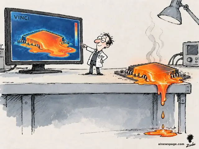 Satirical cartoon: a delighted engineer points at a VINCI monitor showing an orange melting-chip simulation while the real AI chip beside it has melted into the identical shape, dripping off the desk.