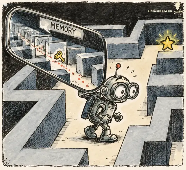 Satirical cartoon: Merv the anxious retro robot stands in a pixel maze holding up a giant rearview mirror labeled MEMORY, which reflects the breadcrumb trail of his walked paths with a gold key, while a glowing gold star waits ahead.
