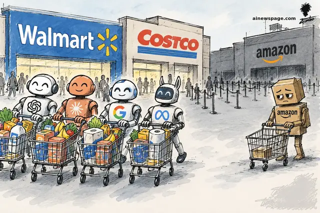 Ink-and-wash cartoon: four smiling robots with ChatGPT, Claude, Google and Meta logos push overflowing shopping carts out of bright Walmart and Costco storefronts while a dejected cardboard-box Amazon robot pushes a near-empty cart past a dark, deserted Amazon warehouse.
