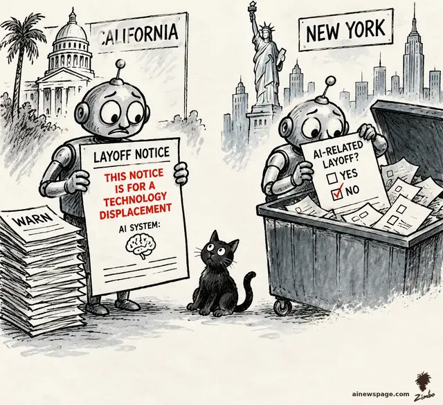 Satirical cartoon: under a 'CALIFORNIA' sign a worried robot holds a layoff notice stamped 'THIS NOTICE IS FOR A TECHNOLOGY DISPLACEMENT'; under a 'NEW YORK' sign a second robot checks 'AI-RELATED LAYOFF? NO' over a dumpster of identical forms; a black cat sits between them.