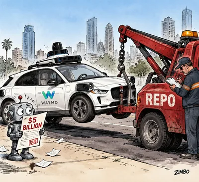 Satirical cartoon: a red REPO tow truck hooks and hauls away an empty white Waymo robotaxi with a roof lidar dome, while a small worried retro robot holds up a '$5 BILLION DUE' invoice and the tow driver fills out a clipboard.