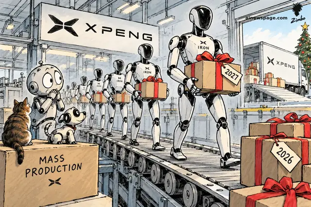 Satirical cartoon: Merv, Buddy the robot dog, and Issue the cat sit on a 'MASS PRODUCTION' crate watching XPeng IRON humanoids roll off a conveyor carrying Christmas gifts toward an XPeng truck.