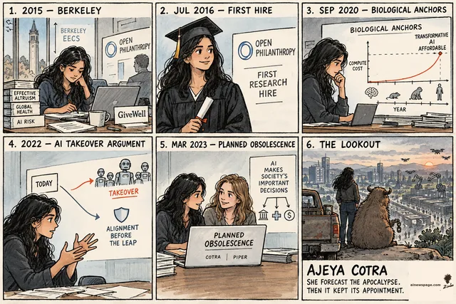 Sunday strip: Ajeya Cotra — 2015 Berkeley undergrad on Open Phil's radar; Jul 2016 first research hire; Sep 2020 biological-anchors report; 2022 AI-takeover argument; Mar 2023 Planned Obsolescence with Kelsey Piper; finale: Cotra + Shelf the beast at a lookout over a machine-run valley.