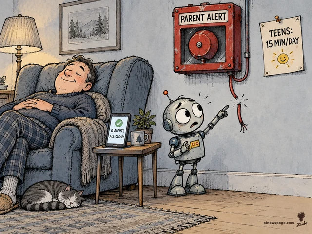 Satirical cartoon: a parent naps in an armchair while an anxious robot points at a wall-mounted PARENT ALERT box with its wire visibly cut; the parent's phone reads 0 alerts, all clear, beside a pinned note: Teens, 15 min a day.
