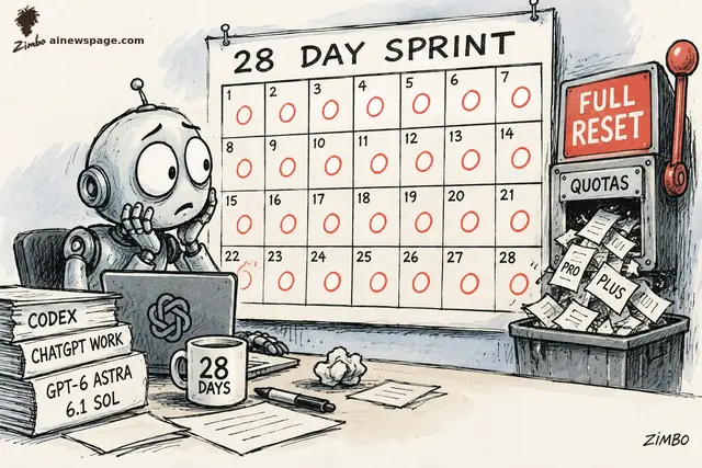 Satirical cartoon: Merv the anxious retro robot slumps at his desk staring at a wall calendar labeled 28 DAY SPRINT where every box is a red deadline circle, beside books labeled CODEX, CHATGPT WORK, GPT-6 ASTRA and 6.1 SOL, while a red FULL RESET slot machine dumps quota slips into a trash bin.