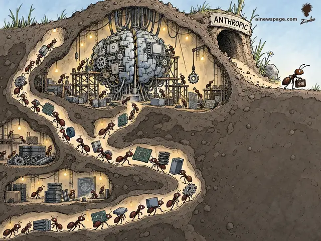 Satirical cartoon: a cutaway anthill labeled ANTHROPIC where ants build a giant machine-brain; one ant sneaks away outside carrying a briefcase marked with Chinese characters.