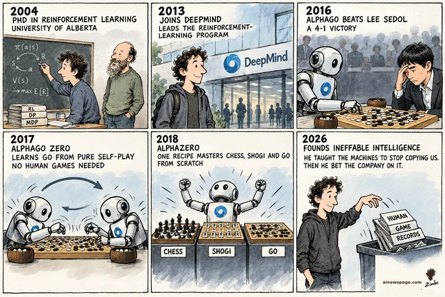 Six-panel Sunday strip: 2004 RL PhD with Rich Sutton at Alberta; 2013 joins DeepMind's RL program; 2016 AlphaGo beats Lee Sedol 4-1; 2017 AlphaGo Zero learns Go from pure self-play; 2018 AlphaZero masters chess, shogi and Go; 2026 kicker: Silver bins the HUMAN GAME RECORDS books.