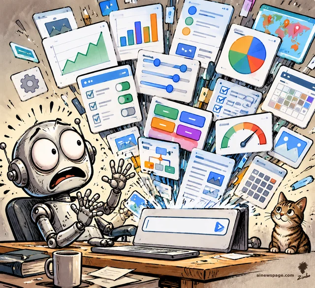 Satirical cartoon: Merv the anxious robot recoils at a desk as the chat window on his laptop bursts open, spraying buttons, sliders, charts, dials, and forms everywhere; Issue the small brown tabby cat watches calmly from the desk edge.