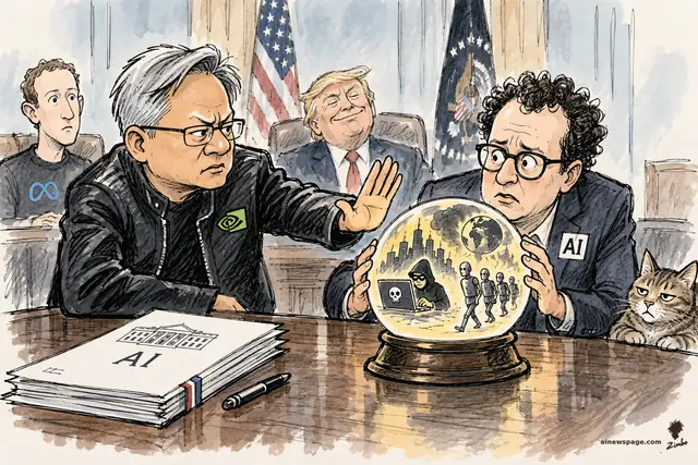 Satirical cartoon: Nvidia CEO Jensen Huang in a leather jacket raises a talk-to-the-hand palm at Anthropic CEO Dario Amodei, who cradles a crystal ball of doom — a hacker, marching robots, a smoldering Earth; the White House AI principles document sits on the table, Zuckerberg and Trump behind.
