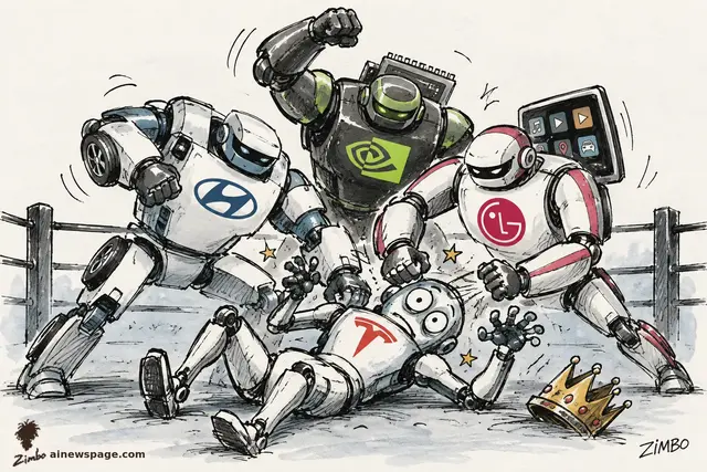 Satirical cartoon: three hulking robots bearing Hyundai, Nvidia and LG emblems pile onto one small Tesla-marked robot knocked flat on its back in a wrestling ring, a gold crown flying off its head.