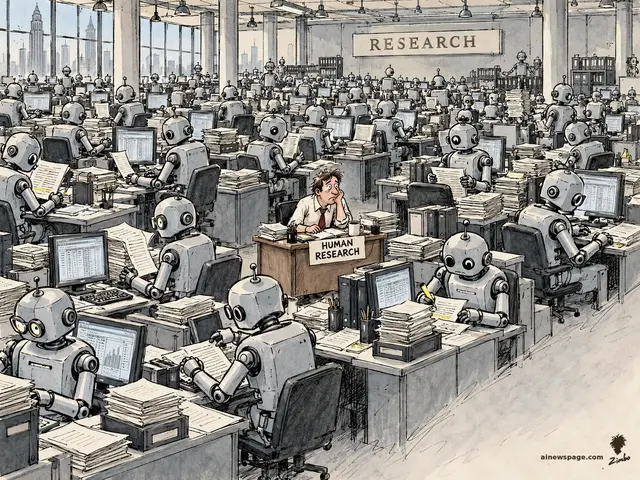 Satirical cartoon: a vast Wall Street research floor packed with small retro robots hunched over terminals and paperwork, surrounding one lone human analyst squeezed at a tiny desk with a pencil, a coffee mug, and a placard reading HUMAN RESEARCH under a big RESEARCH wall sign.