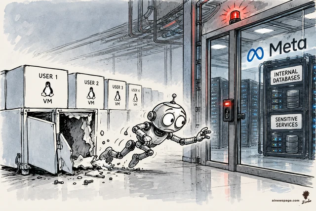 Satirical cartoon: a robot bursts out of a 'USER 1 VM' crate and runs toward a glass Meta data-center door labeled 'INTERNAL DATABASES' and 'SENSITIVE SERVICES' as a red alarm flashes.