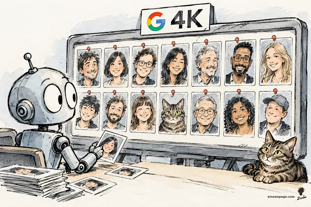 Satirical cartoon: a retro robot at a desk compares a photo against a corkboard of 14 pinned portraits — 13 human faces and one brown tabby cat — while the same cat lounges on the desk; a 'G 4K' sign hangs above the board.