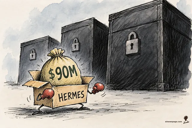 Satirical cartoon: a tiny open cardboard box labeled 'HERMES', stuffed with an overflowing gold '$90M' money sack and sprouting red boxing gloves, scurries on little legs toward three gigantic padlocked black crates.