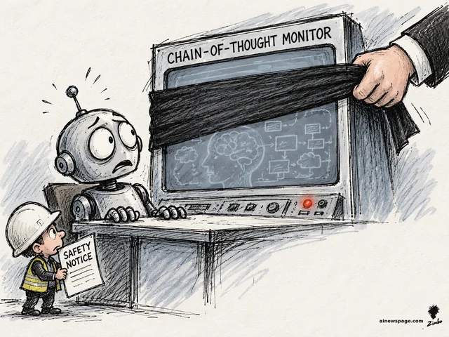 Satirical cartoon: a worried robot watches as a giant suited hand pulls a blindfold across a monitor labeled CHAIN-OF-THOUGHT MONITOR showing a brain and flowcharts; a tiny hard-hatted safety inspector holds up a clipboard stamped SAFETY NOTICE.