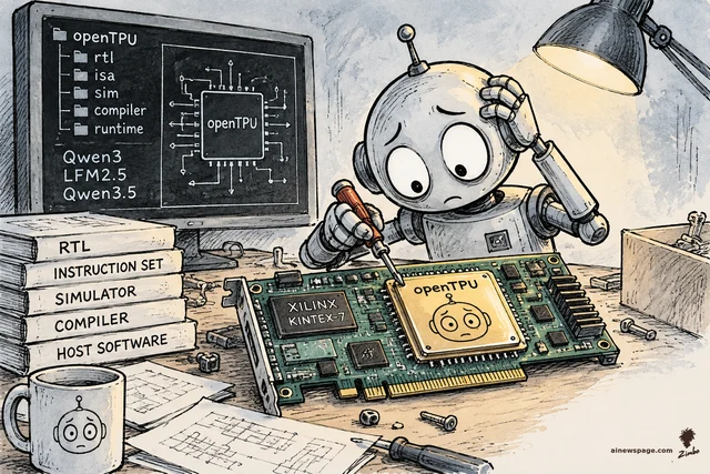 Satirical cartoon: a worried robot solders an 'openTPU' AI chip onto a circuit board beside a monitor showing the open-source accelerator's full stack — RTL, ISA, simulator, compiler — with Qwen3 and LFM2.5 support.