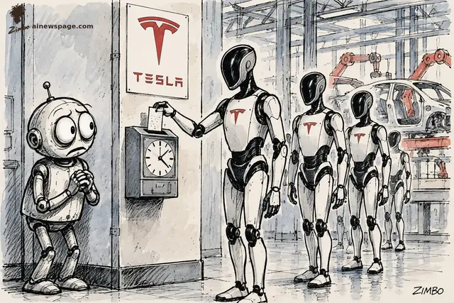 Satirical cartoon: Merv the anxious retro robot watches nervously as sleek humanoid robots with red Tesla marks punch a factory time-clock under a red TESLA sign, a car body and orange robot arms on the assembly line behind them.