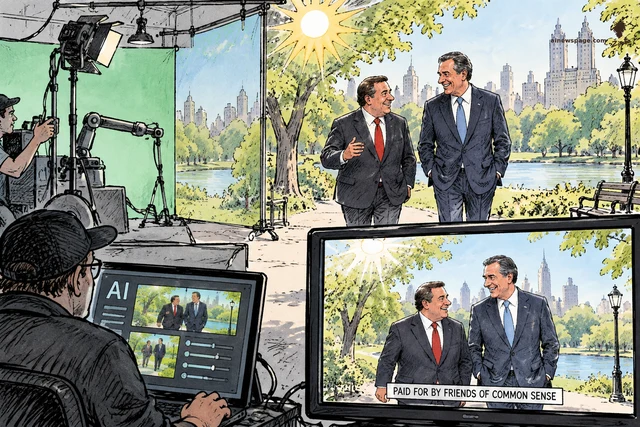 Satirical cartoon: a video editor at an 'AI' laptop composites a fake campaign video of two suited men strolling through a sunny park, aired on a TV monitor with a 'PAID FOR BY FRIENDS OF COMMON SENSE' chyron.