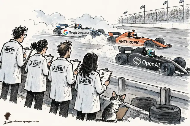 Satirical cartoon: four lab-coated figures with AVERI tags hold clipboards at a racetrack fence while race cars labeled Google DeepMind, ANTHROPIC and OpenAI speed past; Issue the knowing tabby cat sits at the fence holding her own clipboard.