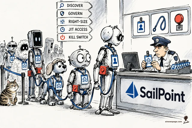 Satirical cartoon: AI agents — robots, a robot dog, and a knowing tabby cat — queue with ID badges at a security checkpoint marked DISCOVER, GOVERN, RIGHT-SIZE, JIT ACCESS, KILL SWITCH while a guard issues badges at a SailPoint desk.