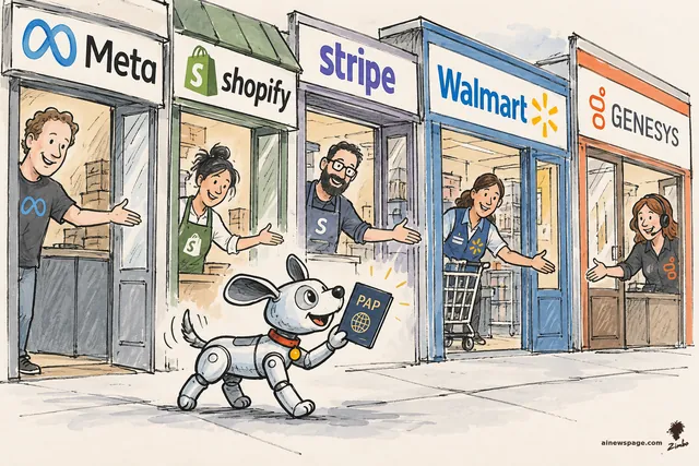 Satirical cartoon: a cheerful retro robot dog trots past five storefronts — Meta, Shopify, Stripe, Walmart, Genesys — proudly holding up a navy passport stamped 'PAP' with a gold globe, as every shopkeeper waves him in.