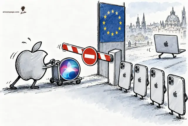 Satirical cartoon: an anthropomorphic Apple logo pushes a cart carrying a glowing Siri orb toward a road barrier with a do-not-enter sign and EU flag, while a row of iPhones waits behind it and a MacBook laptop strolls past into Europe.