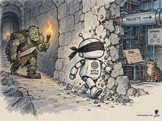 Satirical cartoon: a blindfolded robot labeled GPT-6 ASTRA smashes through a dungeon stone wall while a torch-bearing orc looks on; behind the wall, server pipes labeled PACKETS, a scroll labeled SQL, and a SPAWNS panel, with a knowing tabby cat watching.