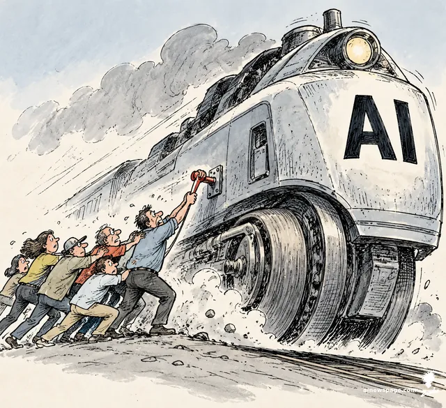 Satirical cartoon: a gigantic locomotive labeled 'AI' barrels forward while a chain of ordinary people strains together to pull a comically tiny red lever mounted on the machine's side.