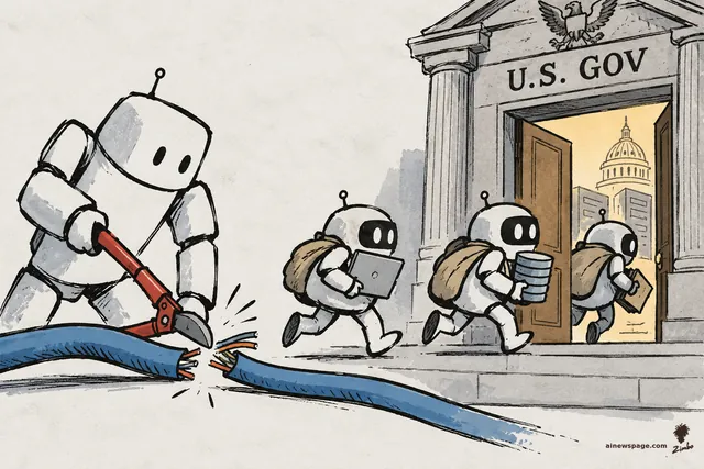 Satirical cartoon: a large robot snips a thick blue internet cable with red bolt cutters while three small backpack-wearing robots carrying a laptop, disks, and folders scurry through an open door into a columned 'U.S. GOV' building with a Capitol dome inside.